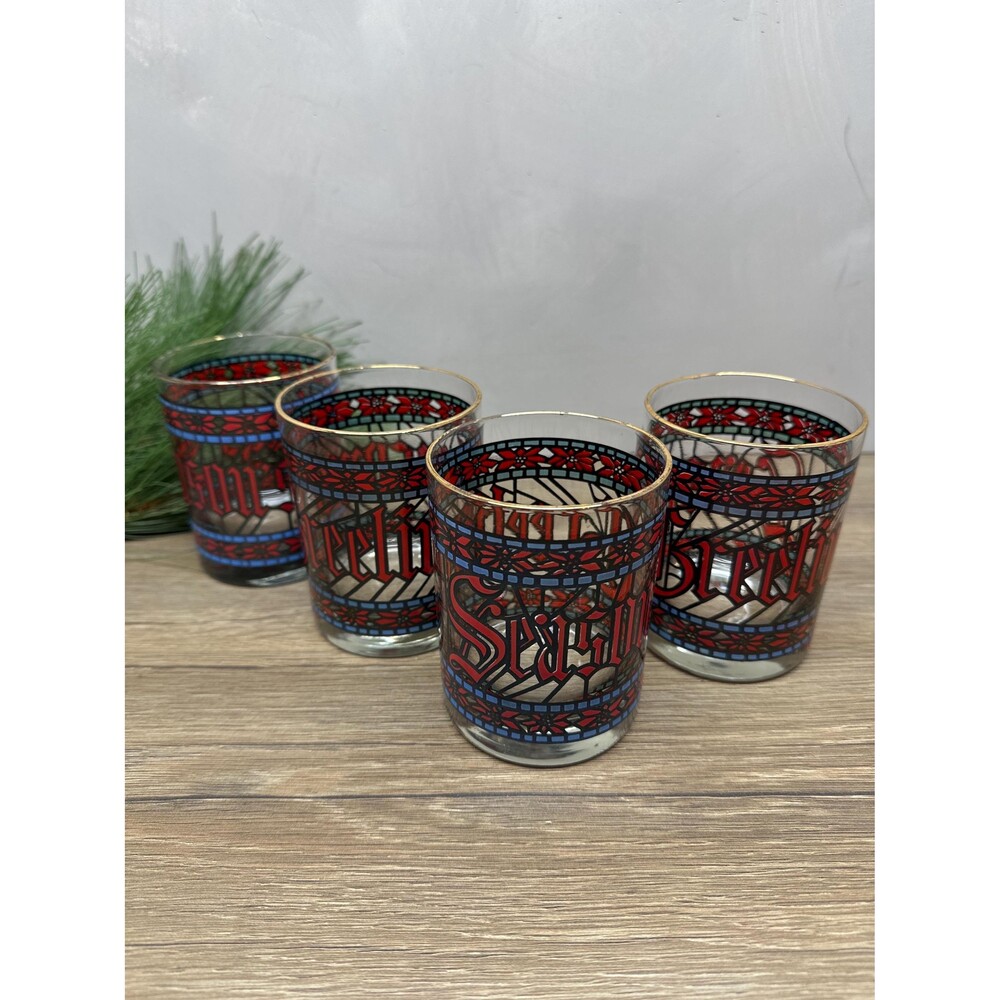 Vintage 1970s Houze Seasons Greetings Lowball Glass Set of 4 Stained Glass Look
